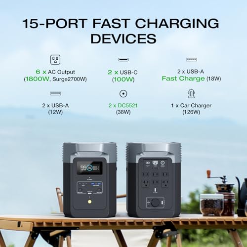 Product photo: front and back of the DELTA 2 with its 15 output ports labeled