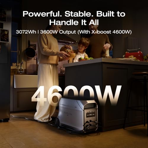 Product photo: EcoFlow graphic, the unit on a kitchen floor, labeled 3,072 Wh and 3,600 W, 4,600 W with X-Boost